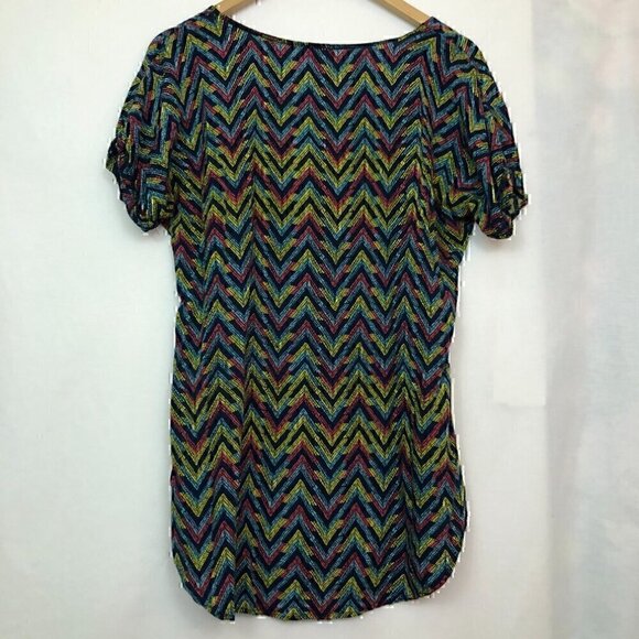 PIXLEY STITCH FIX Dotted Chevron Tunic Blue Pink Multi Short Sleeve Boho Blouse - Picture 7 of 7